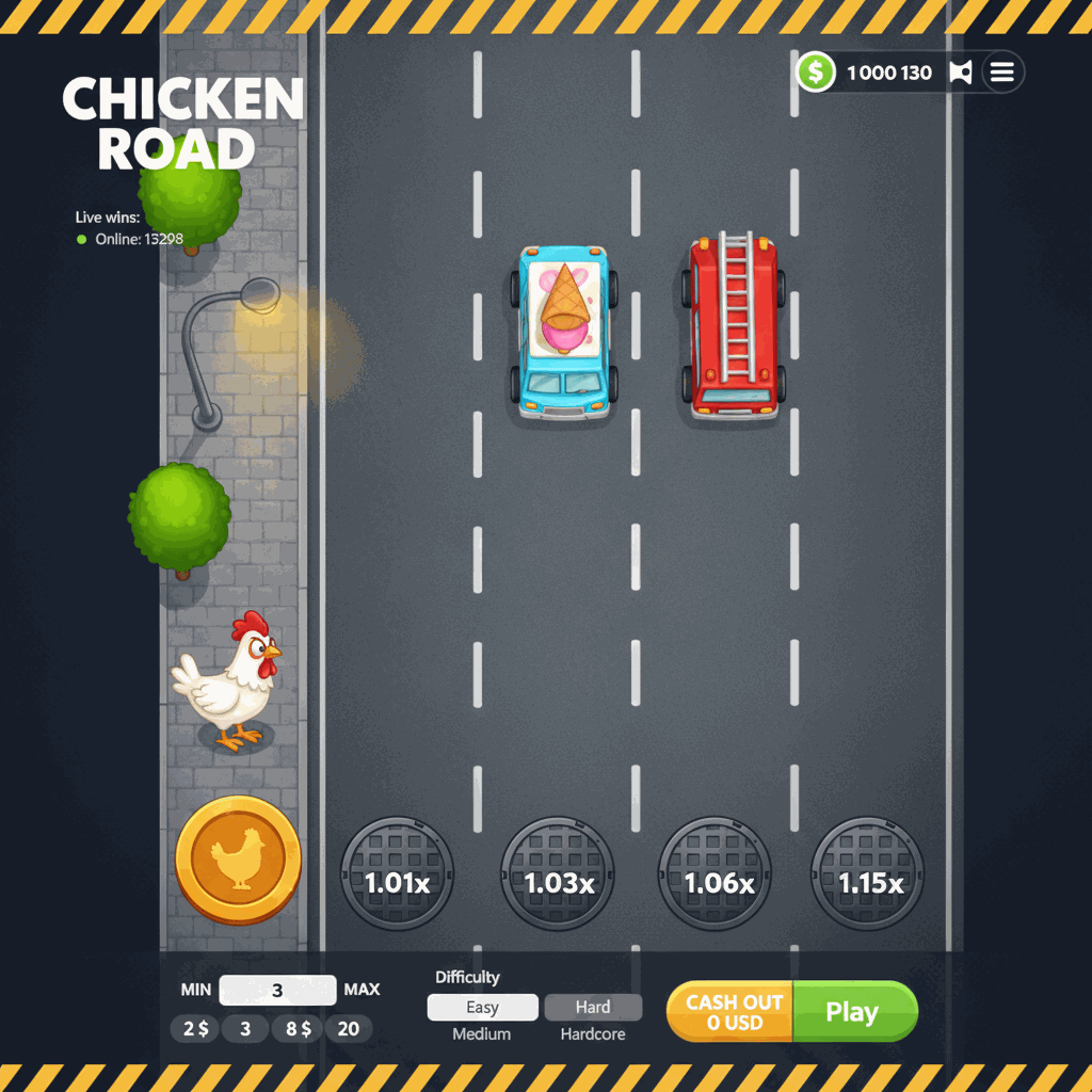 Chicken Road crash game interface showing a cartoon white chicken character standing on a grey sidewalk next to a multi-lane road with white dashed lane markers, manhole covers displaying multiplier values, and urban scenery including green trees and a street lamp
