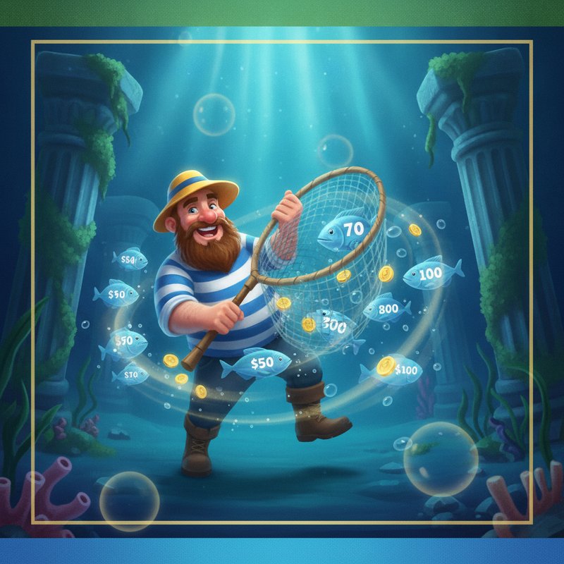 Fishin Frenzy free games feature with fisherman wild collecting fish prize values on screen