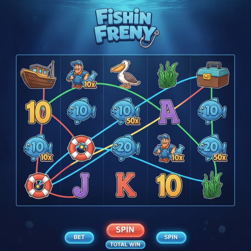 Fishin Frenzy base game gameplay with coloured paylines active across the five reel grid
