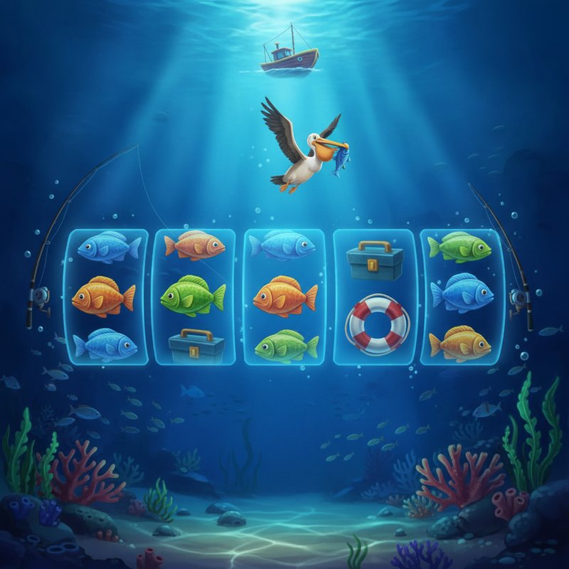 Fishin Frenzy slot main screen showing ocean underwater reels with pelican and boat scatter symbols